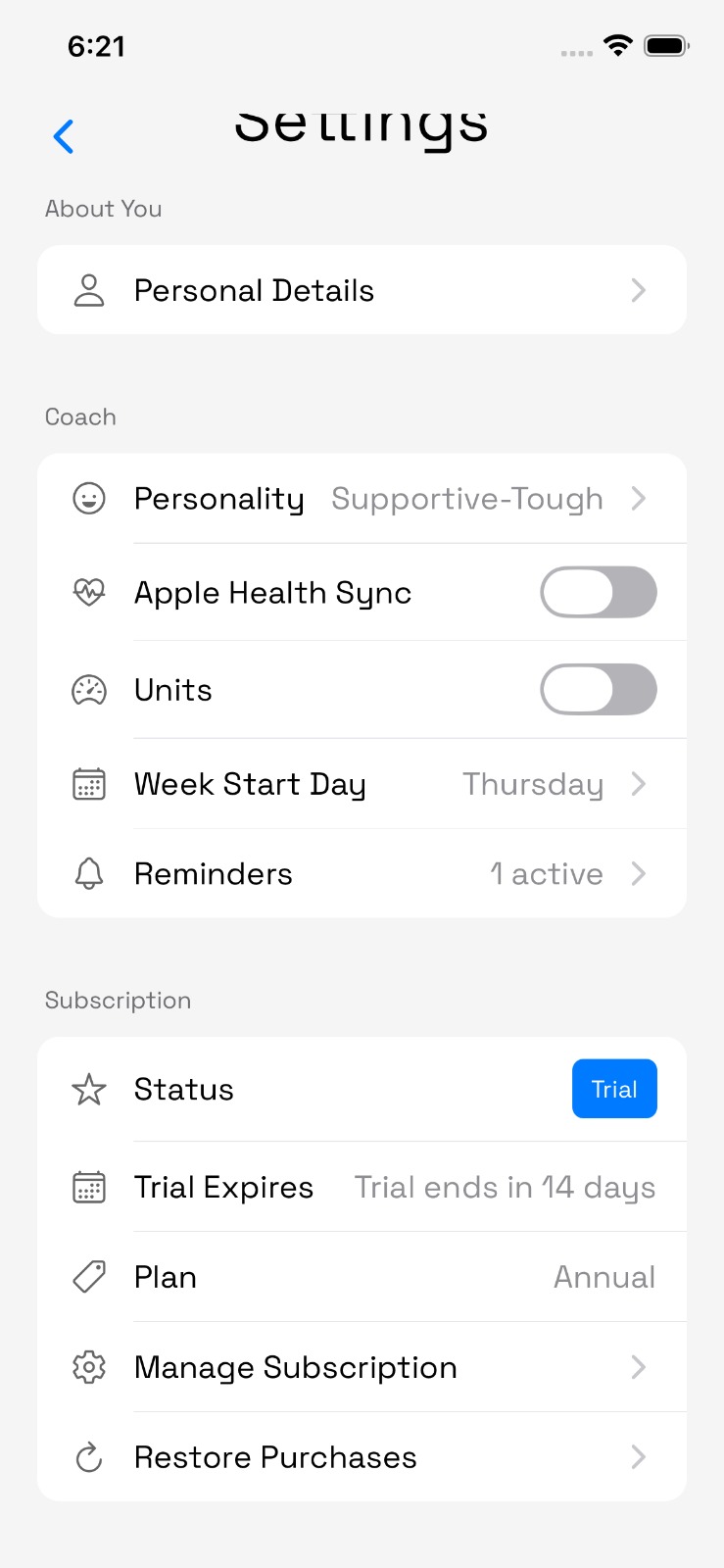 Genki settings — Apple Health Sync, coach personality, subscription