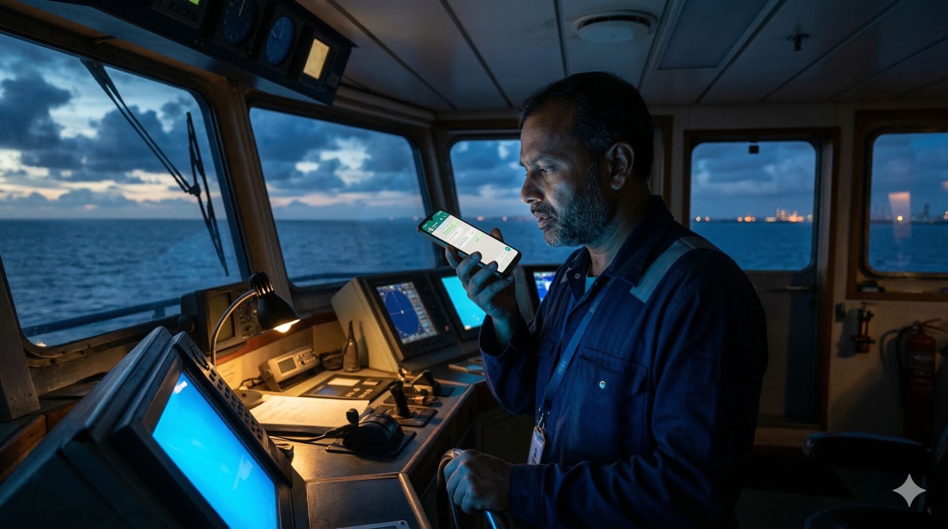 Ship captain using WhatsApp voice AI on the bridge